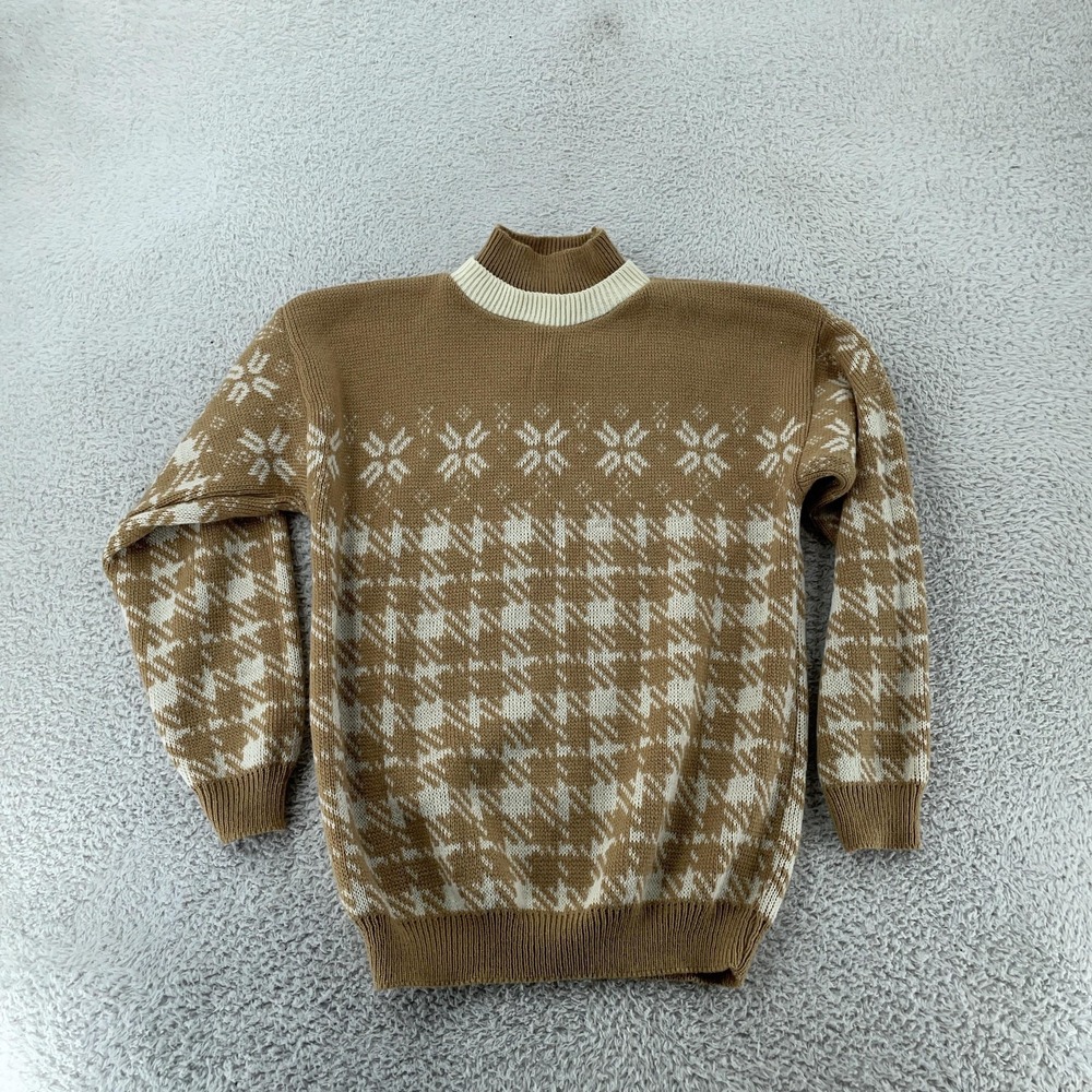 Diane Von Furstenberg Sweater Womens Medium Tan White Fair Isle Mock Neck Nordic